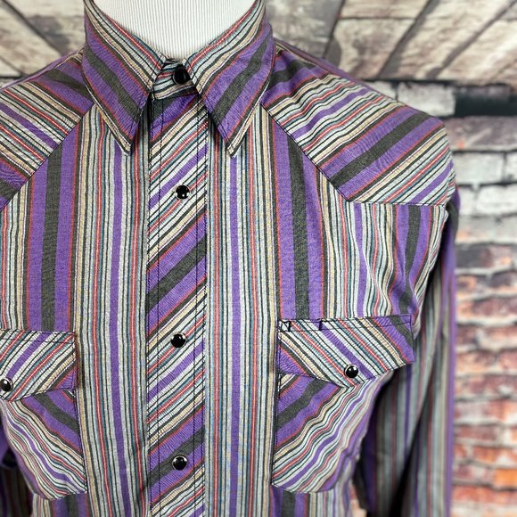Rustler Wrangler Purple Striped Pearl Snap Shirt L - Picture 4 of 4